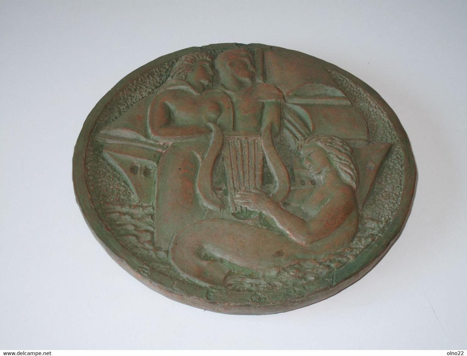 GUEURY GUILLAUME BLEGNY 1965-MEDAILLON BAS-RELIEF TERRE CUITE PATINEE VERTE ET BRONZE-ULYSSE/SIRENE/APHRODITE/ARGOS-