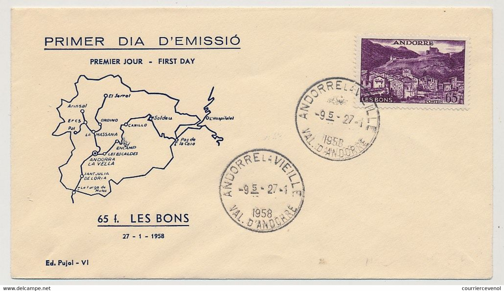 ANDORRE => Enveloppe FDC => 65F Les Bons - Andorre La Veille - 27/1/1958 - FDC