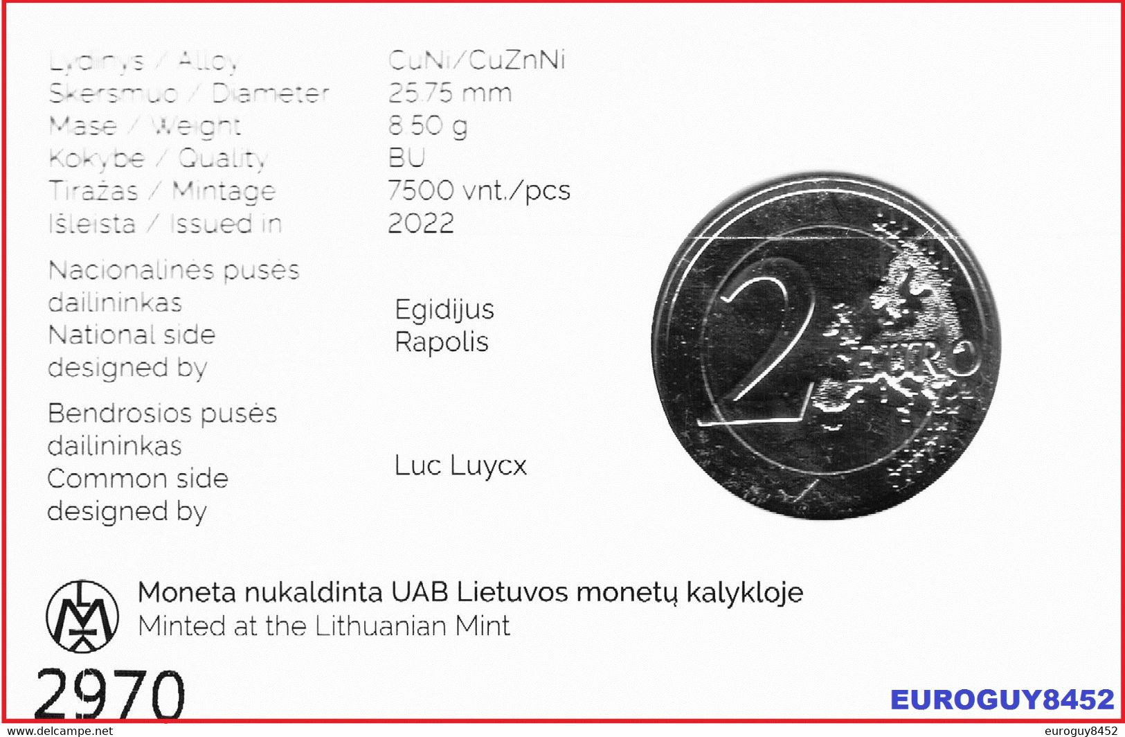 LITOUWEN - COINCARD 2 € COM. 2022 BU - 100 JAAR BASKETBAL - Lituanie