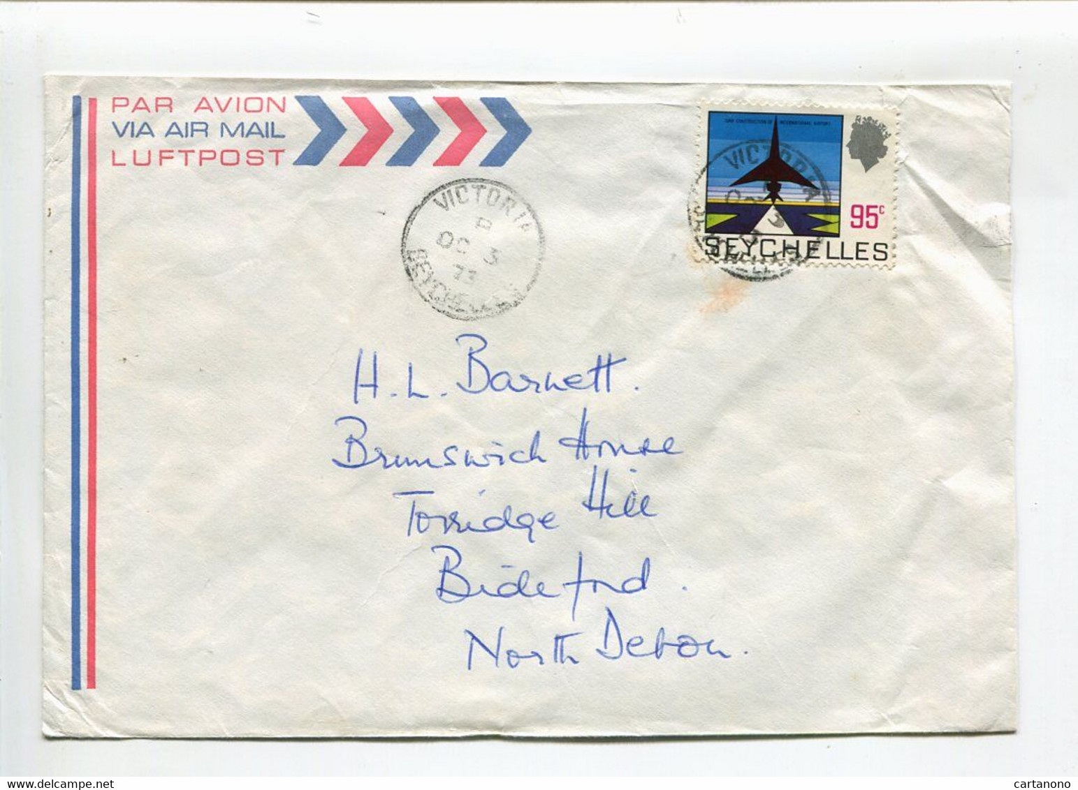 SEYCHELLES  - Affranchissement Seul Sur Lettre Par Avion - Aeroport - Seychelles (...-1976)