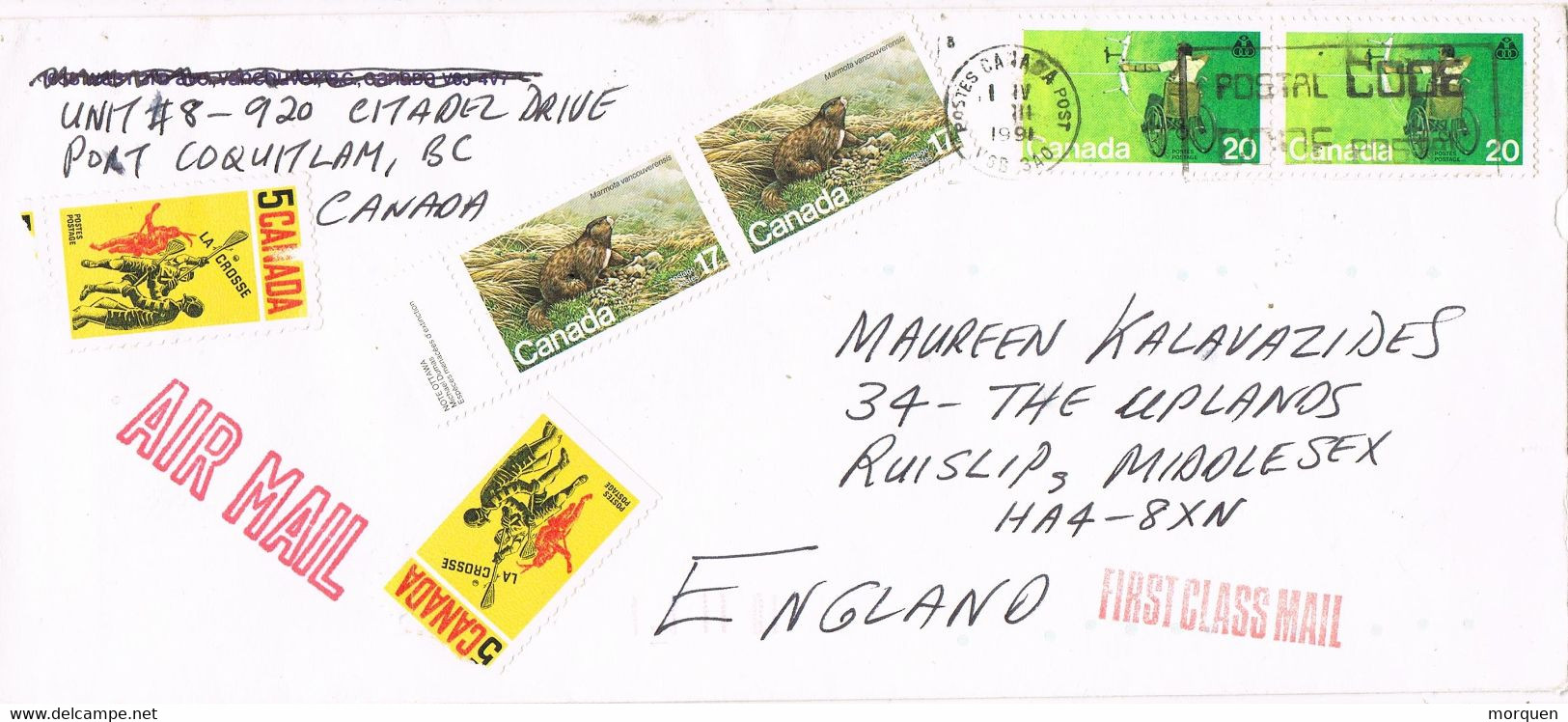 44993. Carta Aerea PORT COQUITLAM (Bc) Canada 1991 To England - Briefe U. Dokumente