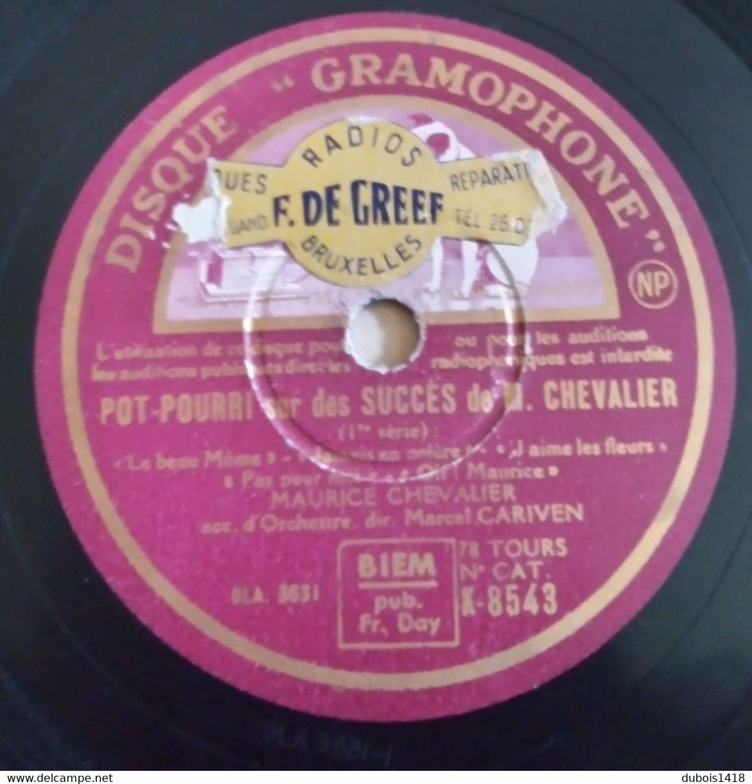 Disque Gramophone K-8543 Pot Pourri Des Succès De Maurice Chevalier - 78 G - Dischi Per Fonografi