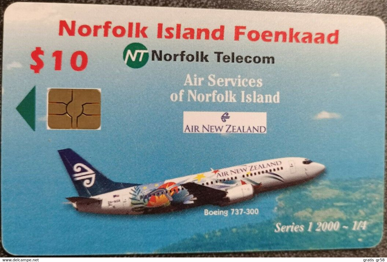 Norfolk Isl. - NF-NOT-0009, Air New Zealand Boeing 737-300, Aircraft, 10$, 2,000ex, 2000, Used - Norfolk Island