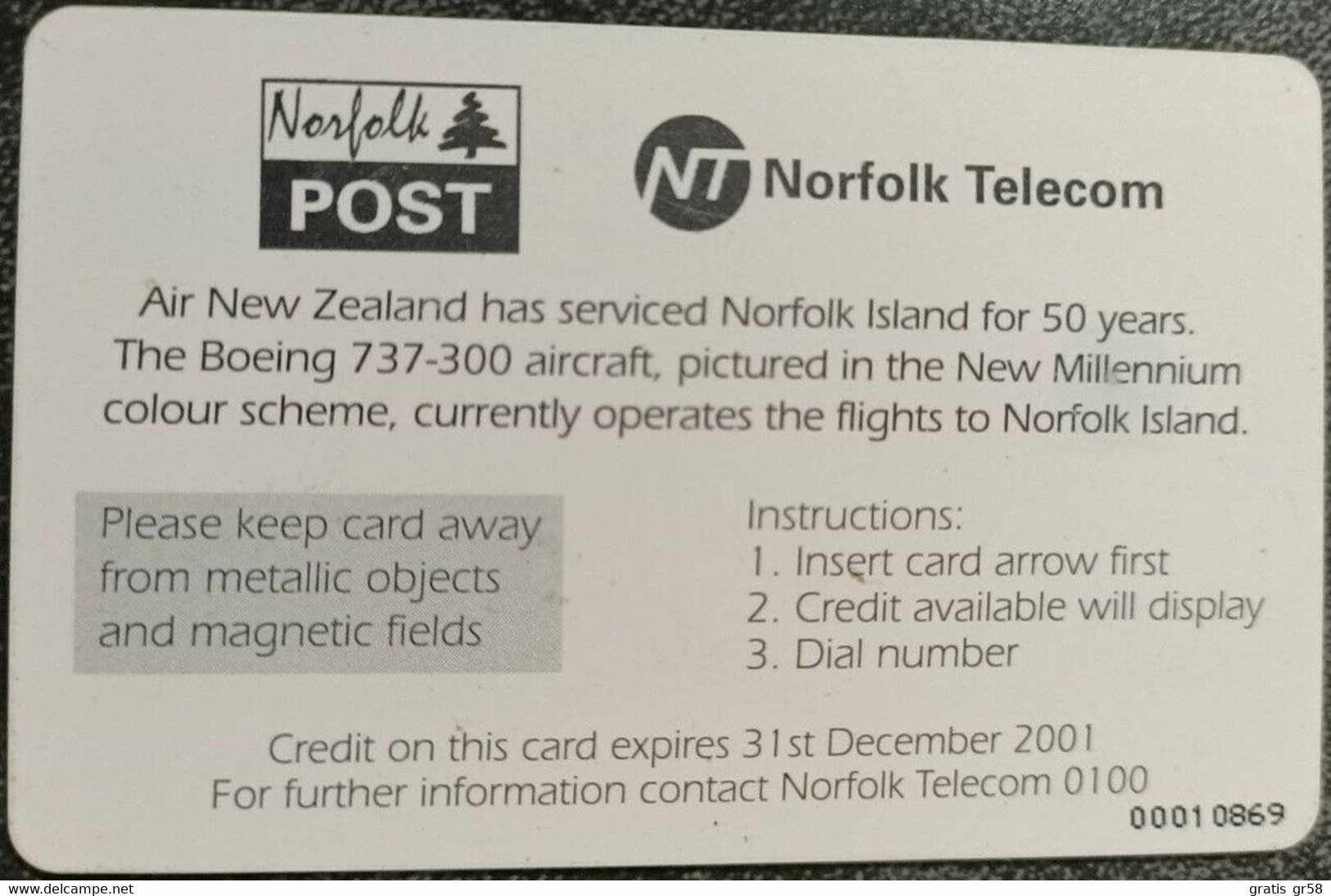 Norfolk Isl. - NF-NOT-0009, Air New Zealand Boeing 737-300, Aircraft, 10$, 2,000ex, 2000, Used - Ile Norfolk