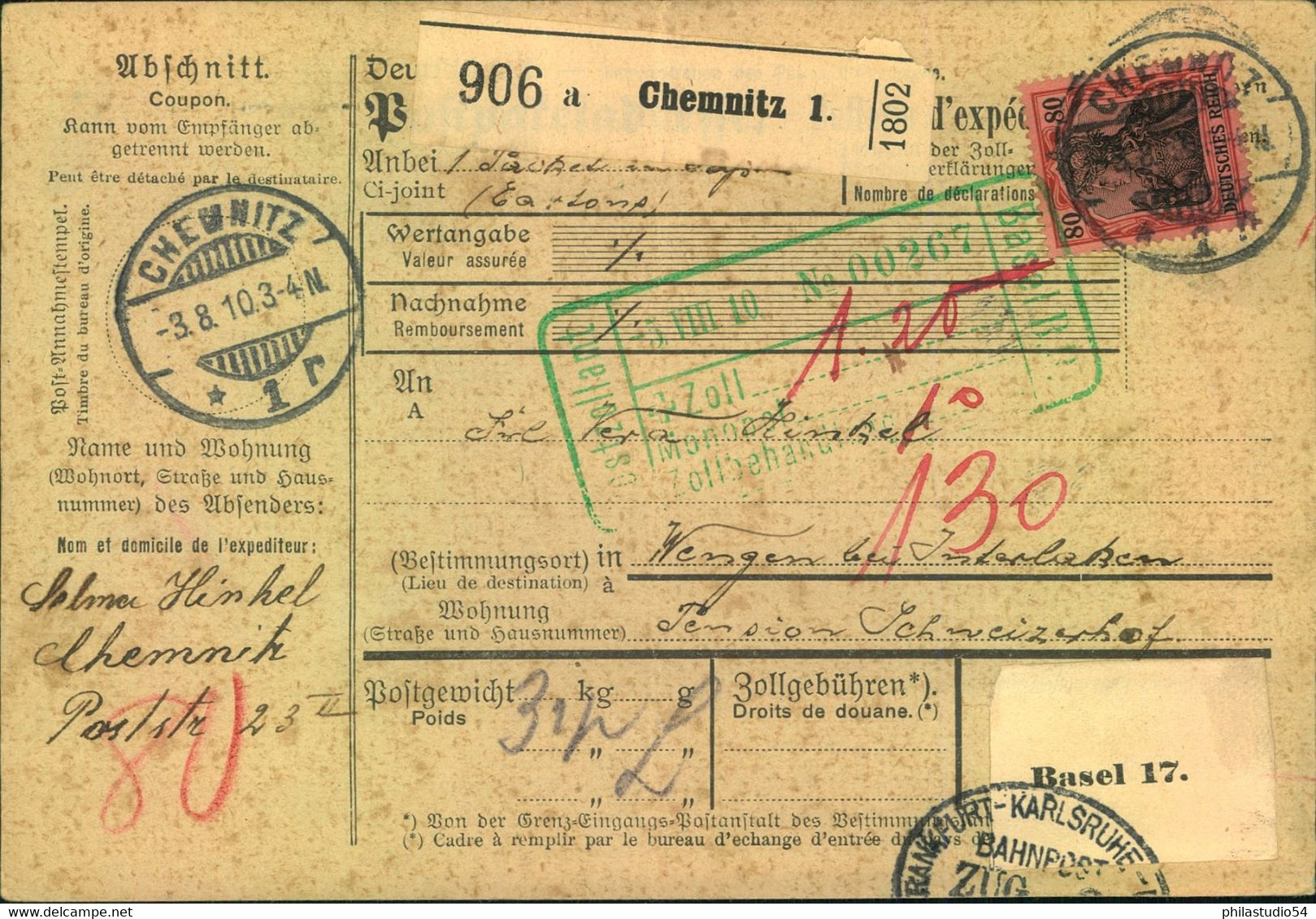 1910, Paketkarte Ab  CHEMNITZ Mit EF 80 Pfg. Germania In Die Schweiz - Autres & Non Classés