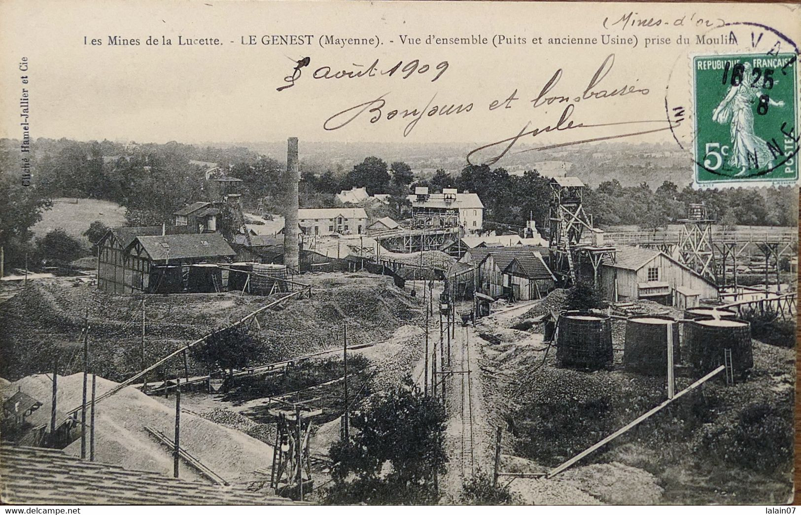 C. P. A. : 53 : LE GENEST : Mines De La Lucette, Vue D'ensemble (Puits Et Ancienne Usine) Prise Du Moulin Timbre En 1907 - Le Genest Saint Isle