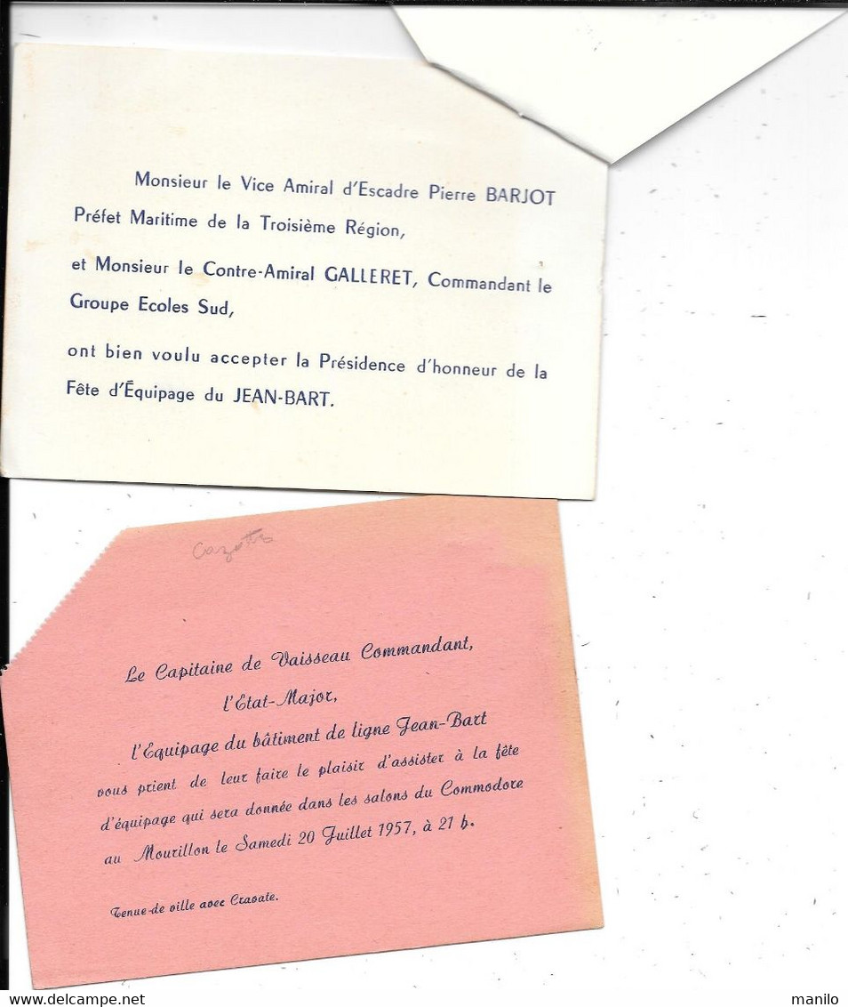 Invitation Fête De Equipage Du Bâtiment De Ligne JEAN BART 20/7/1957 Salons Commodore Au MORILLON (TOULON) Amiraux BARJO - Otros & Sin Clasificación