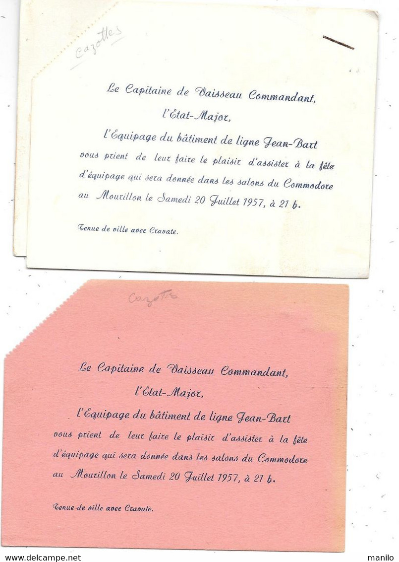 Invitation Fête De Equipage Du Bâtiment De Ligne JEAN BART 20/7/1957 Salons Commodore Au MORILLON (TOULON) Amiraux BARJO - Altri & Non Classificati