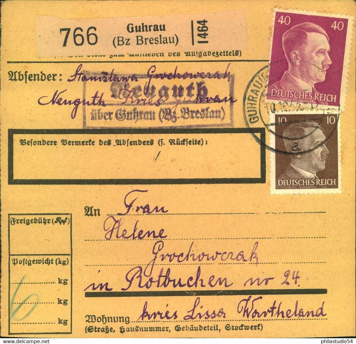 1943, Paketkarte Ab "GUHRAU Kr. Breslau" Mit Landpoststempek - Altri & Non Classificati