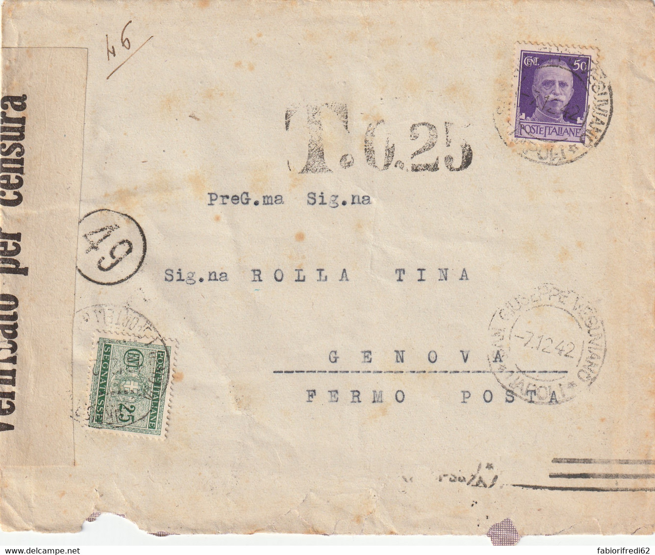 LETTERA 1942 C.50+SEGNATASSE C.25 TIMBRO NAPOLI CENSURA  (RY7245 - Marcophilia