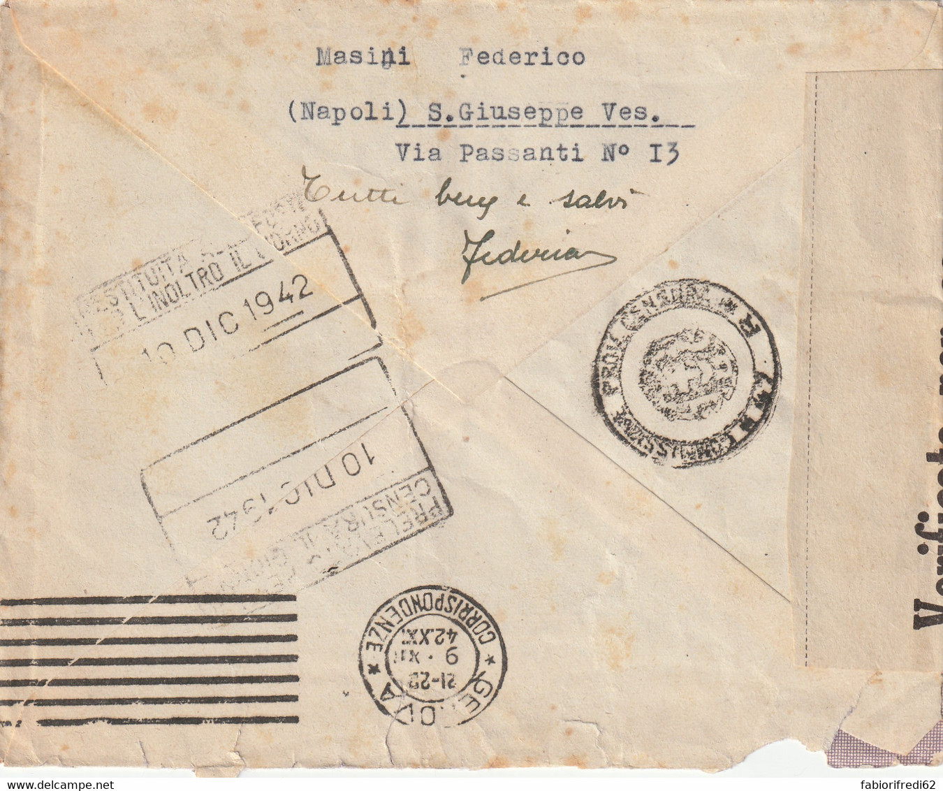 LETTERA 1942 C.50+SEGNATASSE C.25 TIMBRO NAPOLI CENSURA  (RY7245 - Marcophilia