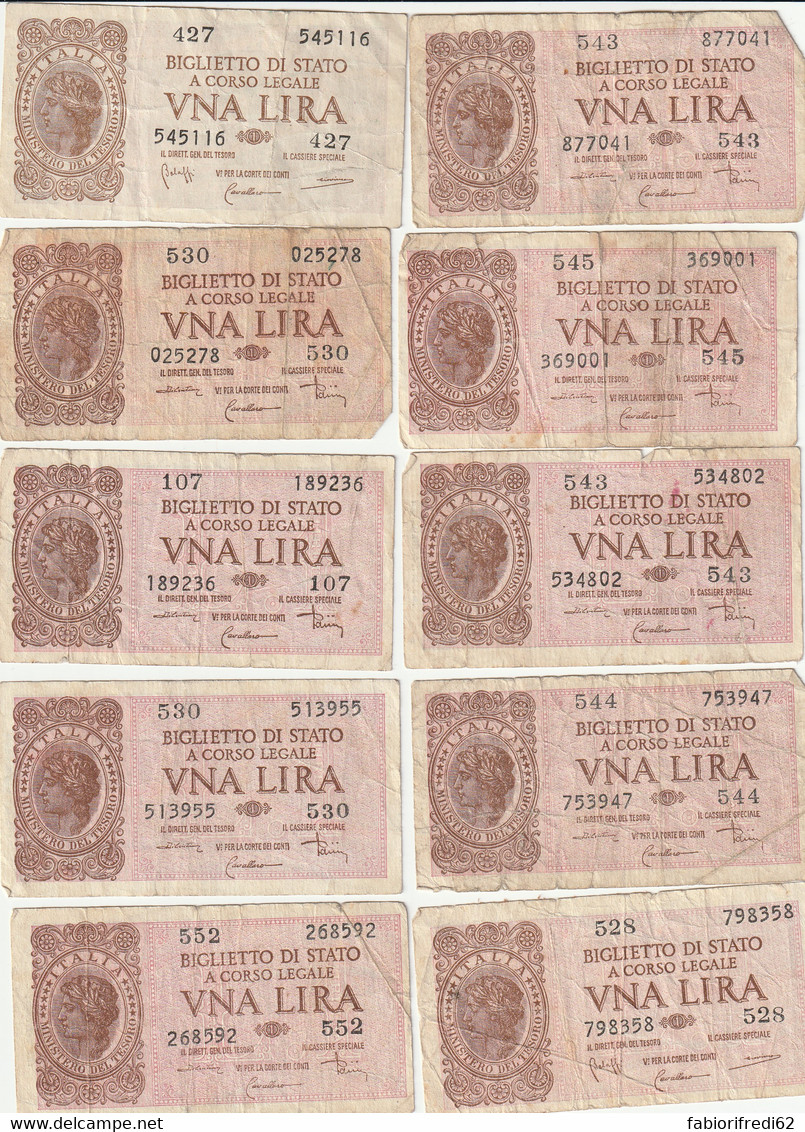 BANCONOTA BIGLIETTO DI STATO ITALIA 1 LIRA -LOTTO 10 VF (RY7370 - Italia – 1 Lira