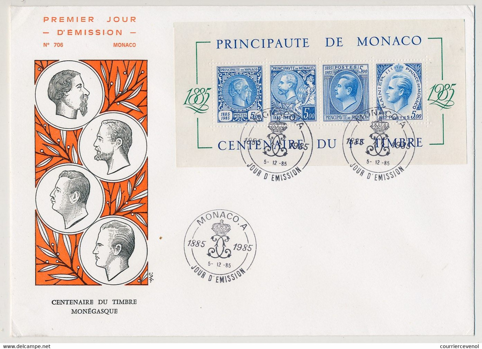 MONACO => 5 Env FDC - Centenaire Du Timbre (Portraits De Souverains) - 5/12/1985 - Dont Bloc Feuillet - FDC