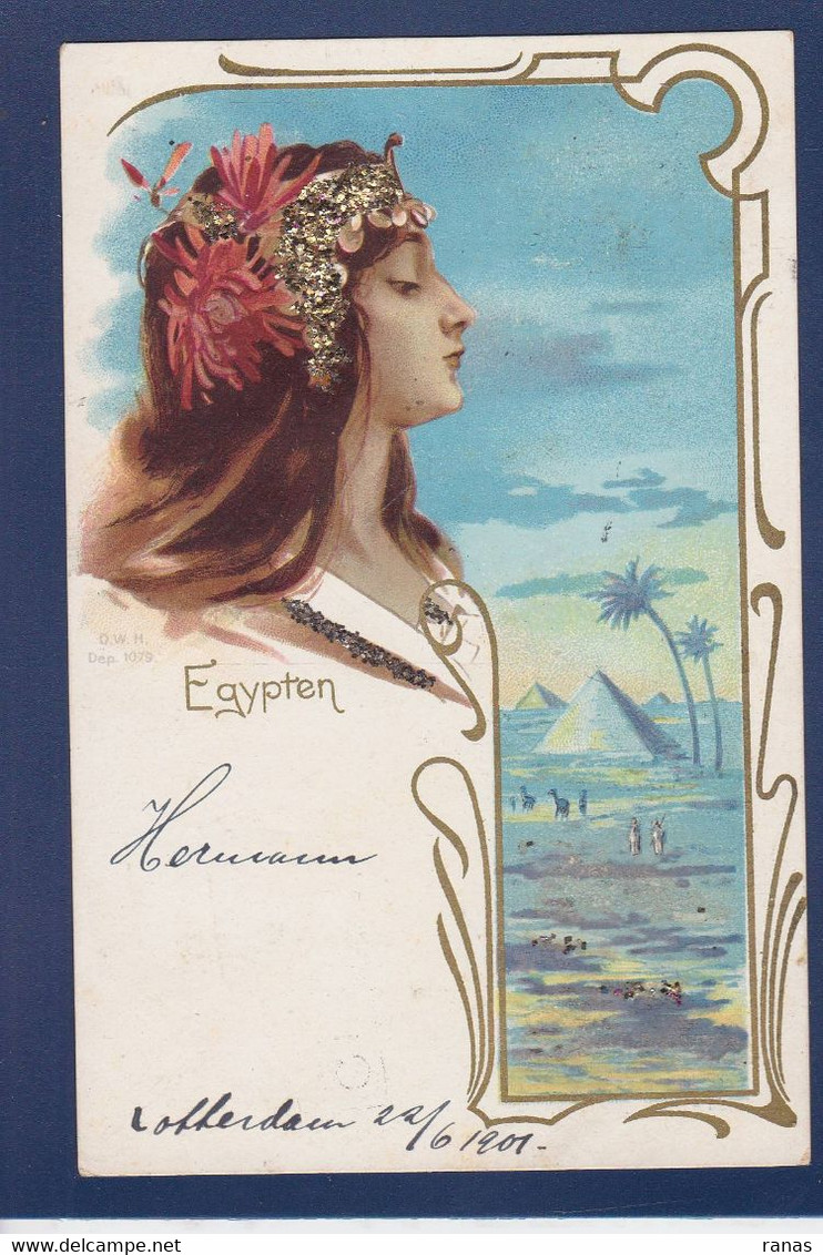 CPA Egypte Art Nouveau Femme Woman Brillants En Relief Circulé - Otros & Sin Clasificación