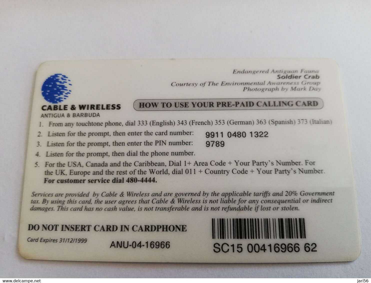 ANTIGUA  $ 15,- SOLDIER CRAB   ANU-04     Prepaid      Fine Used Card  ** 9555** - Antigua U. Barbuda