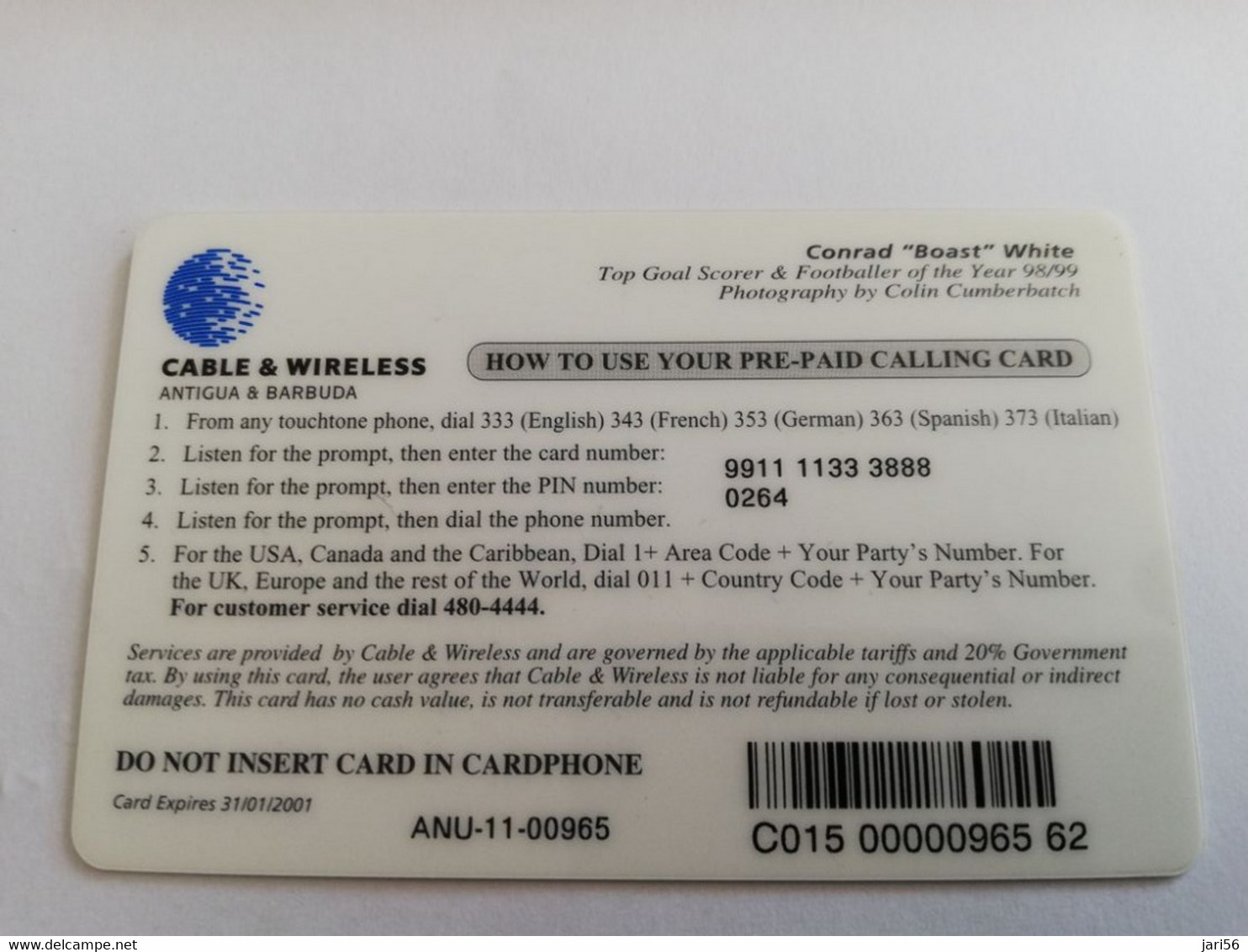 ANTIGUA  $ 15,- FOOTBAL CONRAD BOAST WHITE  ANU-11     Prepaid      Fine Used Card  ** 9556** - Antigua En Barbuda