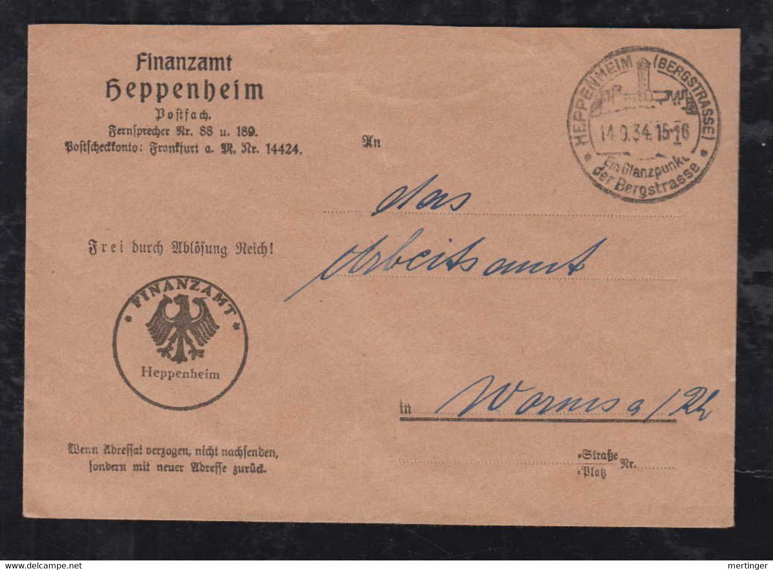 Deutsches Reich 1934 Brief HEPPENHEIM X WORMS Finanzamt Frei Durch Ablösung Reich Werbe Stempel Bergstrasse - Covers & Documents