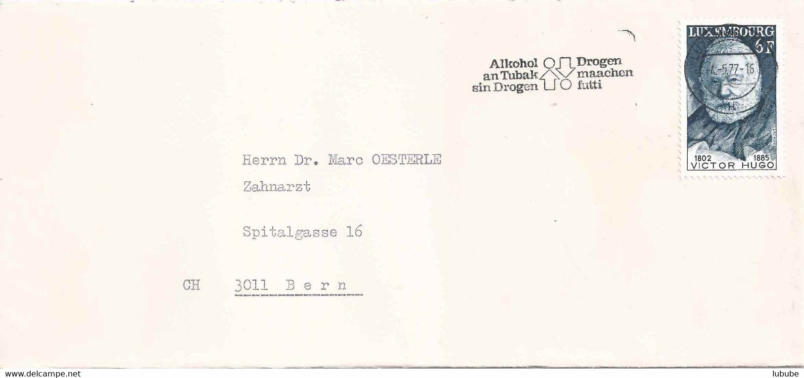 Brief  Luxembourg - Bern  (Flagge: Alkohol Und Tabak Sind Drogen)         1977 - Covers & Documents