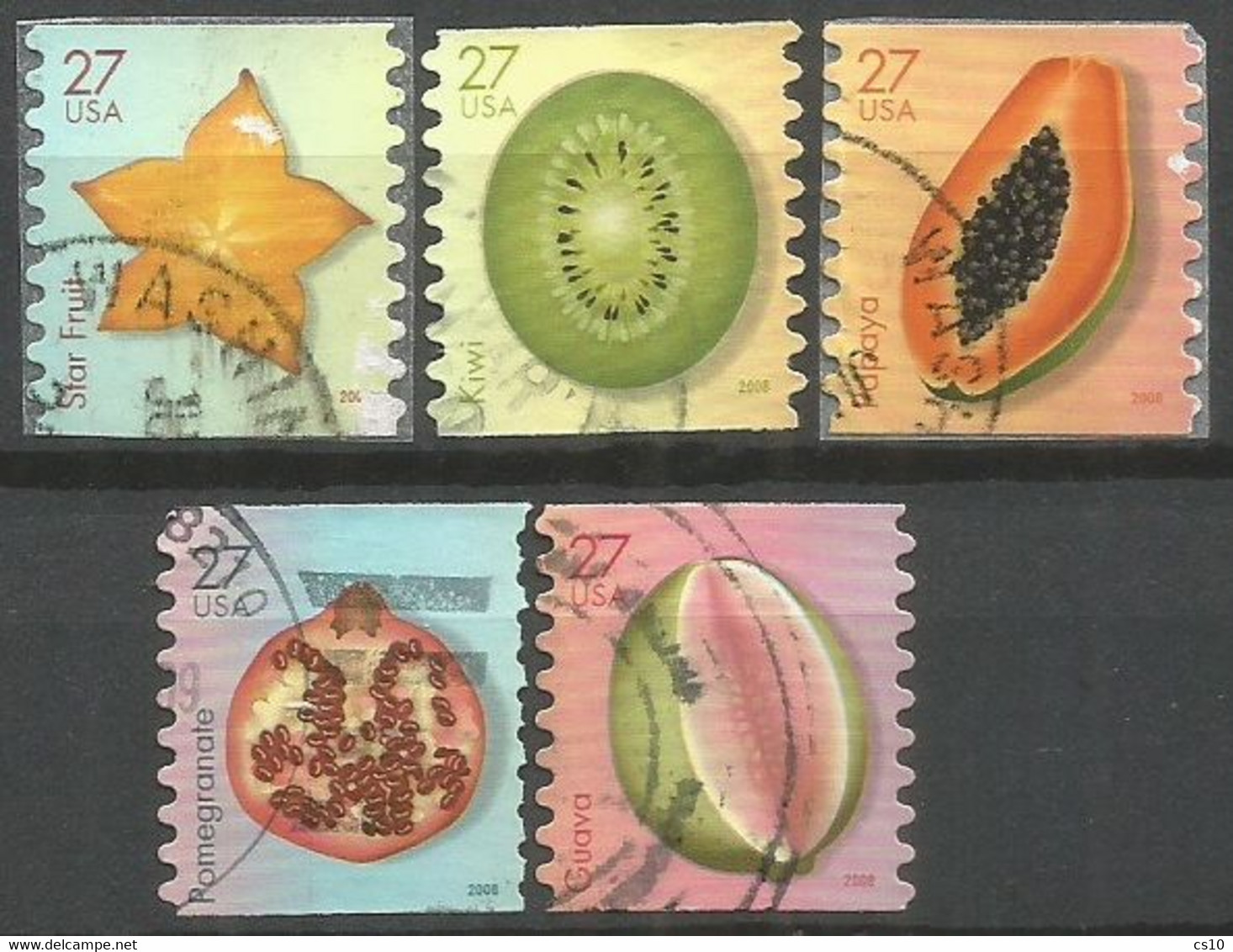 USA 2008 Tropical Fruit Pomegranate Sar Fruit Kiwi Papaya Guava-  Cpl 5v Set VFU Sc.# 4258/62 Coil - Gebruikt