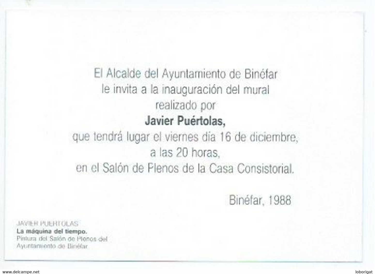 INVITACION DEL AYUNTAMIENTO DE BINEFAR.- INAUGURACION DE MURAL DE JAVIER PUERTOLAS, AÑO 1988 - Inauguraciones