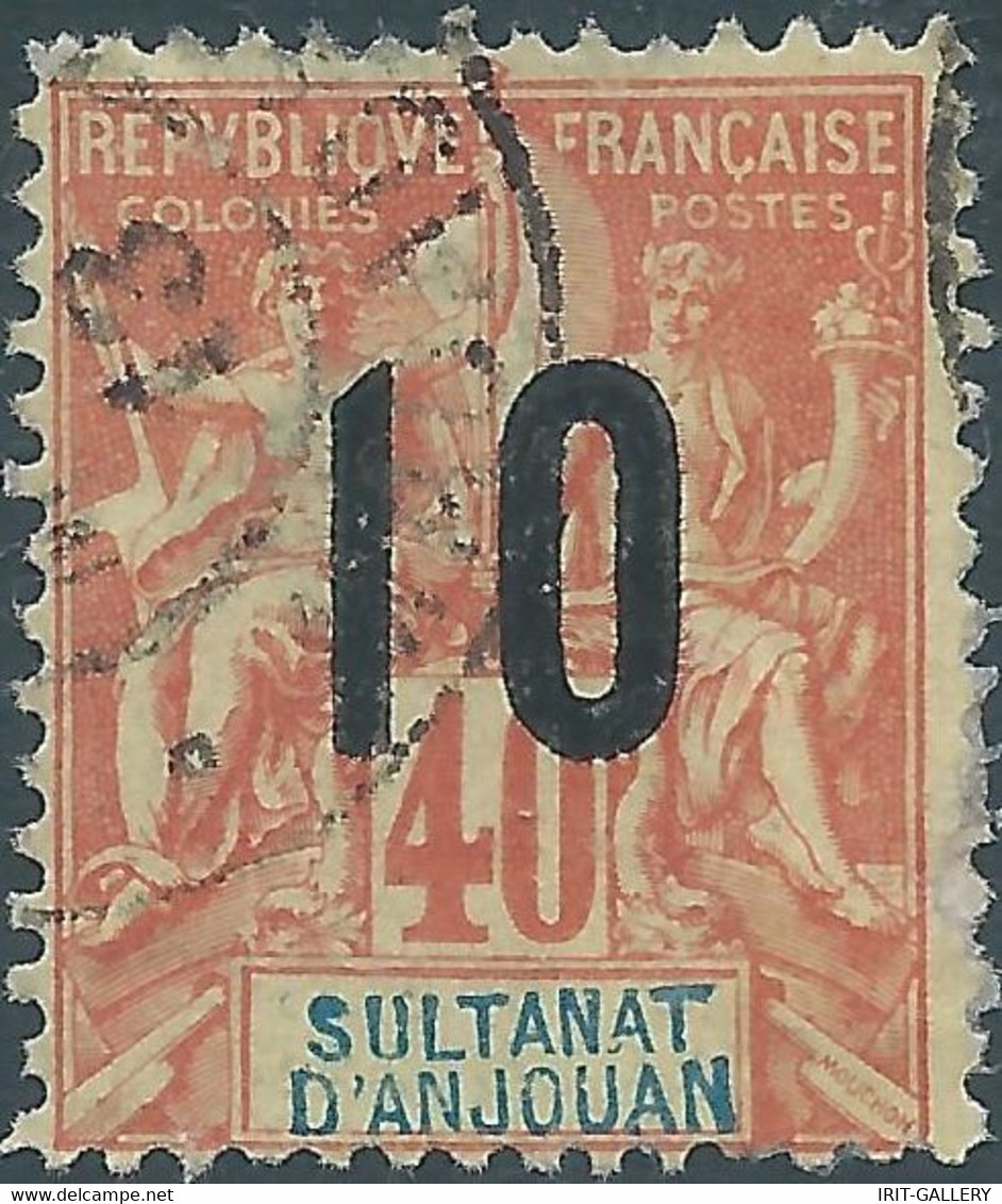 FRANCE,1912 SULTANAT D'ANJOUAN (old Colonies And Protectorates) 10 On 40C Obliterated - Gebruikt