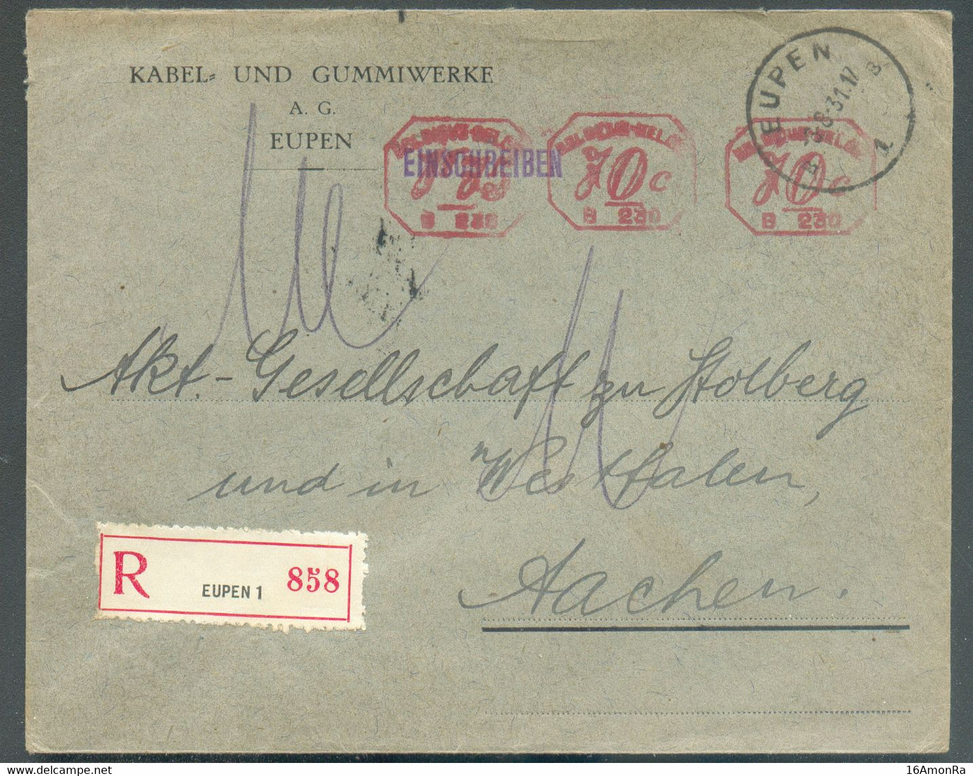 CANTON De L'EST - Enveloppe KABEL Und GUMMIWERKE Sc EUPEN  3-8-1931, Affr. Méc. 70c./B.230 (x2) + 1Fr.75.B.230 En Recomm - Other & Unclassified