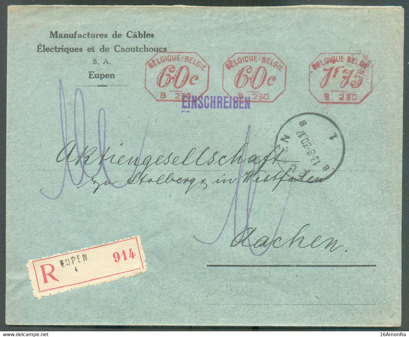 CANTON De L'EST - Enveloppe Manufactures De Câbles Electriques Et De Caoutchoucs  Sc EUPEN  13-8-1930, Affr. Méc. 60c./B - Other & Unclassified