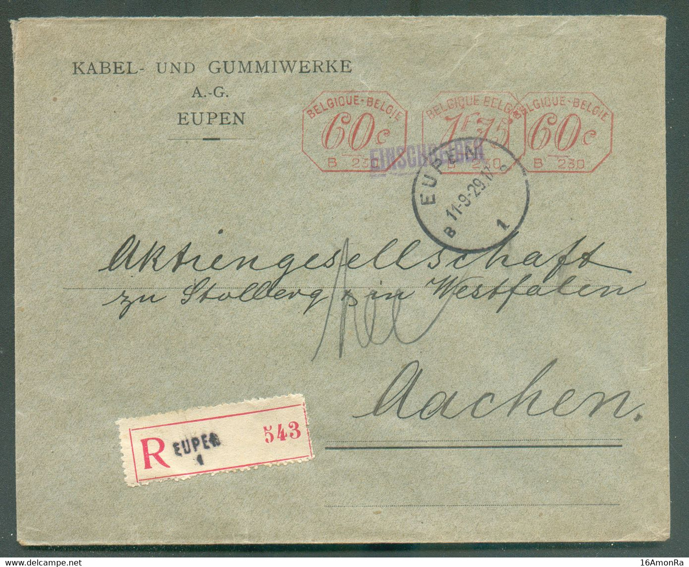 CANTON De L'EST - Enveloppe KABEL Und GUMMIWERKE Sc EUPEN 1 Le  11-9-1929, Affr. Méc. 60c./B.230 (x2) + 1Fr.75.B.230 En - Autres & Non Classés