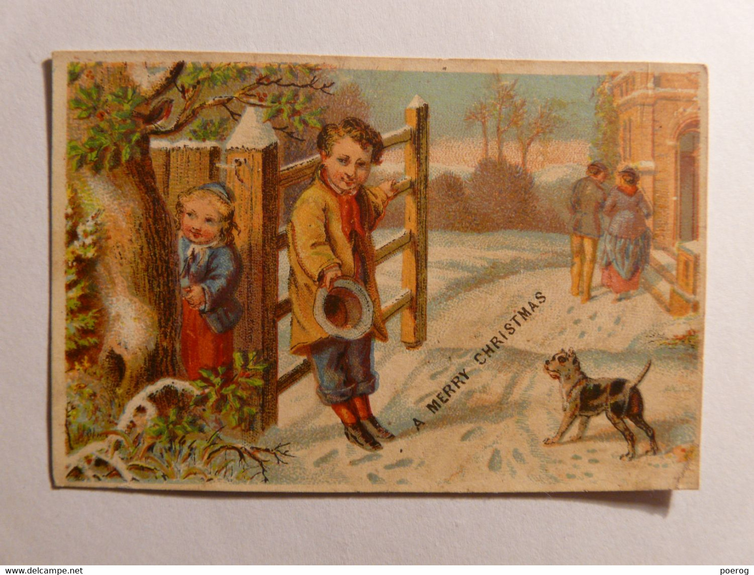 IMAGE CHROMO - A MERRY CHRISTMALS - JOYEUX NOEL - CHIEN ET ENFANTS DOG AND CHILDREN - 9cm X 5cm - CIRCA 1920 - Other & Unclassified