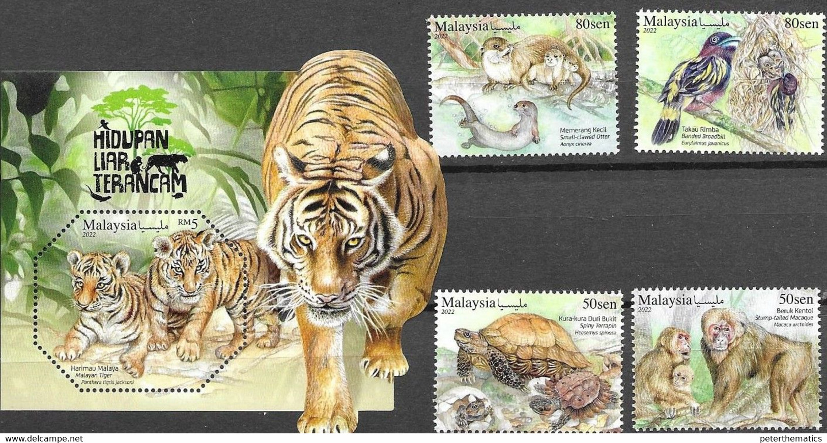 MALAYSIA, 2022, MNH, FAUNA, TIGERS, BIRDS, MONKEYS, TURTLES, OTTERS, 4v+S/SHEET - Raubkatzen