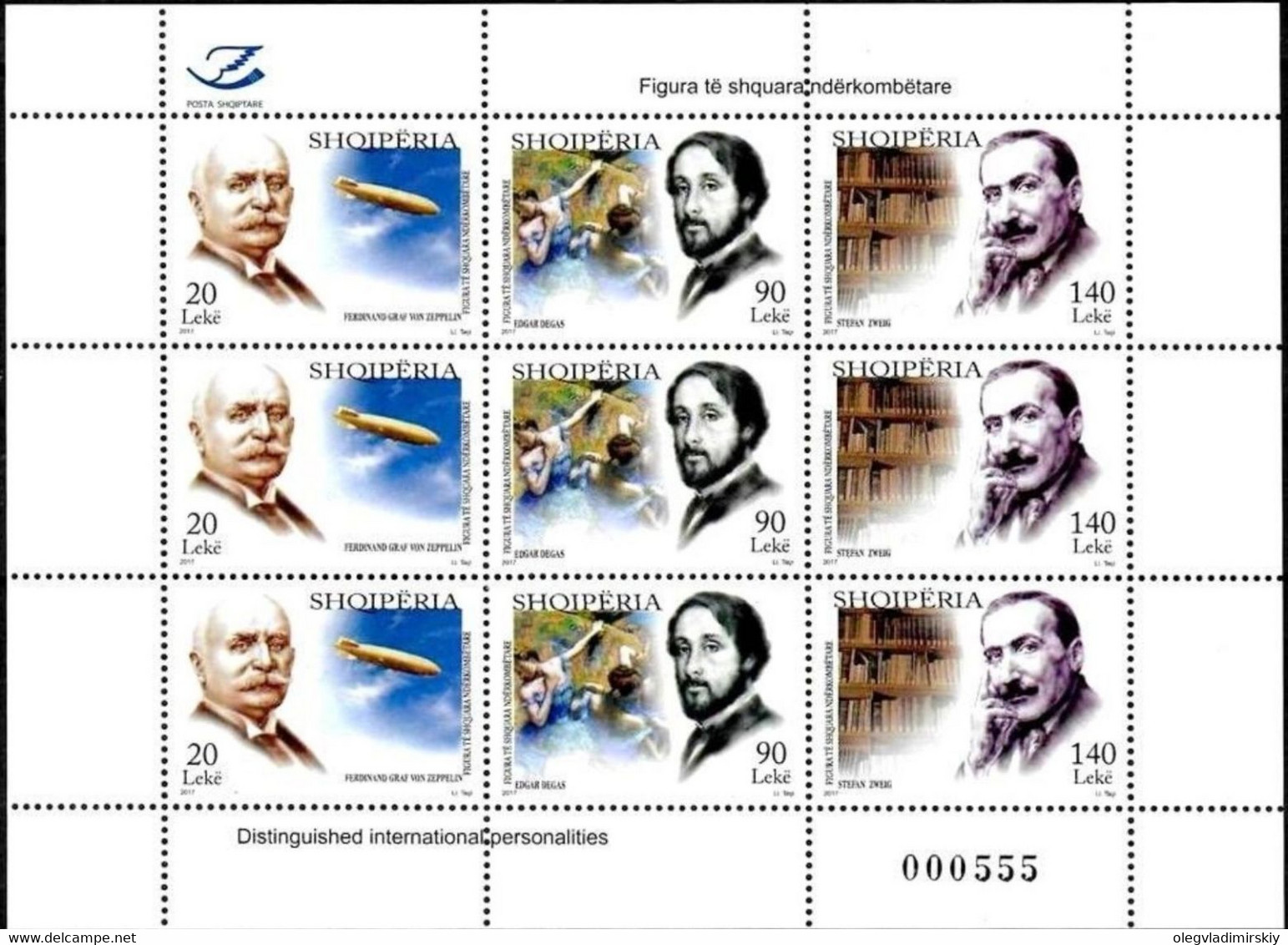 Albania 2017 Personalities: Ferdinand Von Zeppelin Edgar Degas Stefan Zweig Sheetlet Of 3 Sets Mint - Albanien