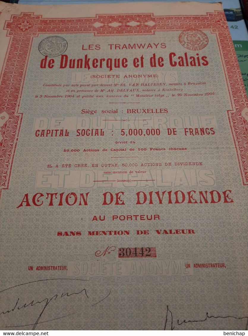 Les Tramways De Dunkerque Et De Calais - Action De Dividende Au Porteur - Bruxelles 20 Novembre 1904. - Railway & Tramway