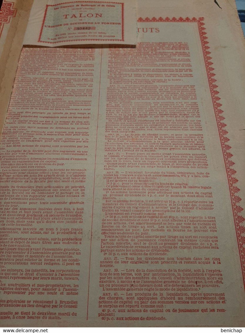 Les Tramways De Dunkerque Et De Calais - Action De Dividende Au Porteur - Bruxelles 20 Novembre 1904. - Railway & Tramway
