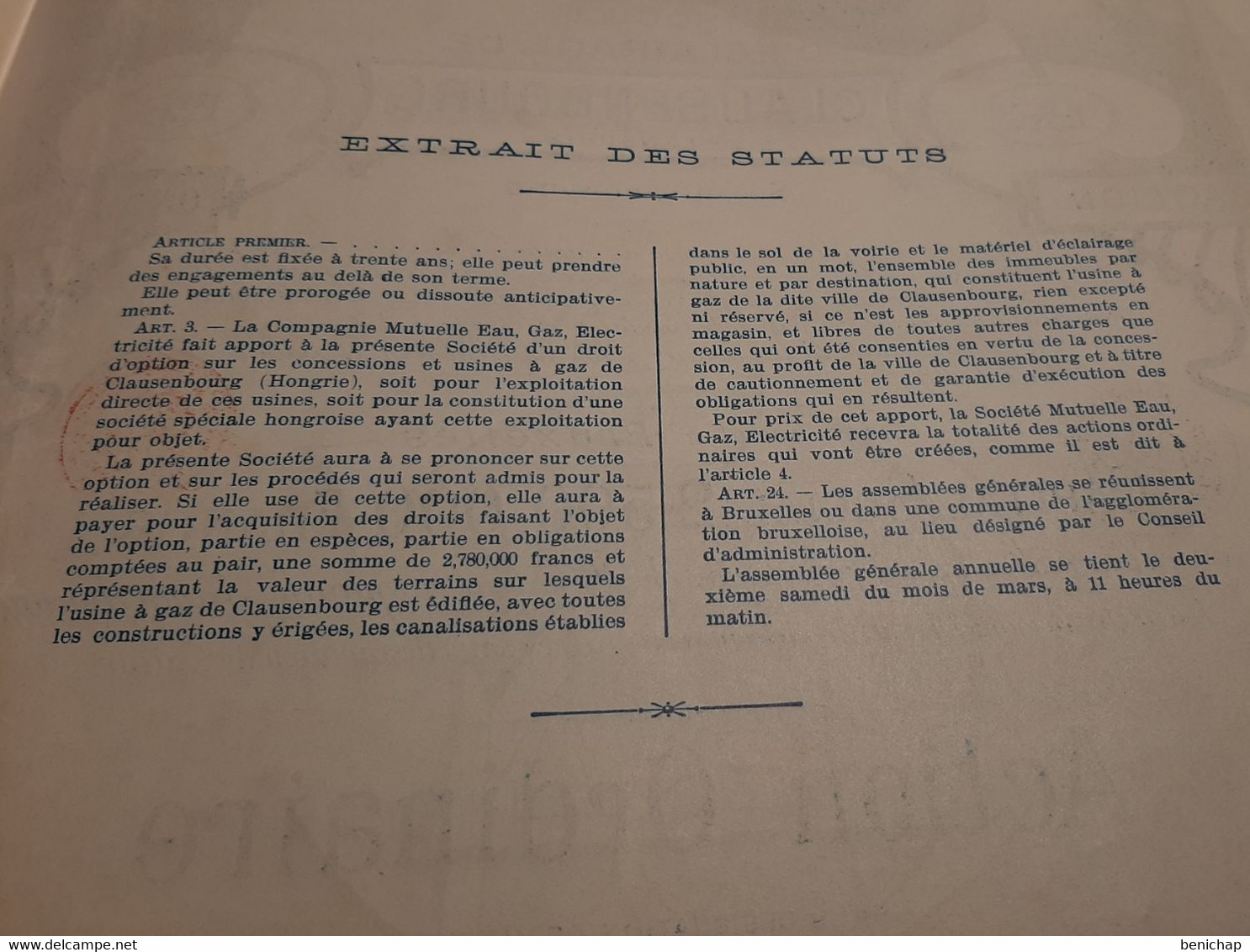 Société D'éclairage De Clausenbourg & Extensions S.A. - Action Ordinaire - Bruxelles 31 Juillet 1897. - Elettricità & Gas