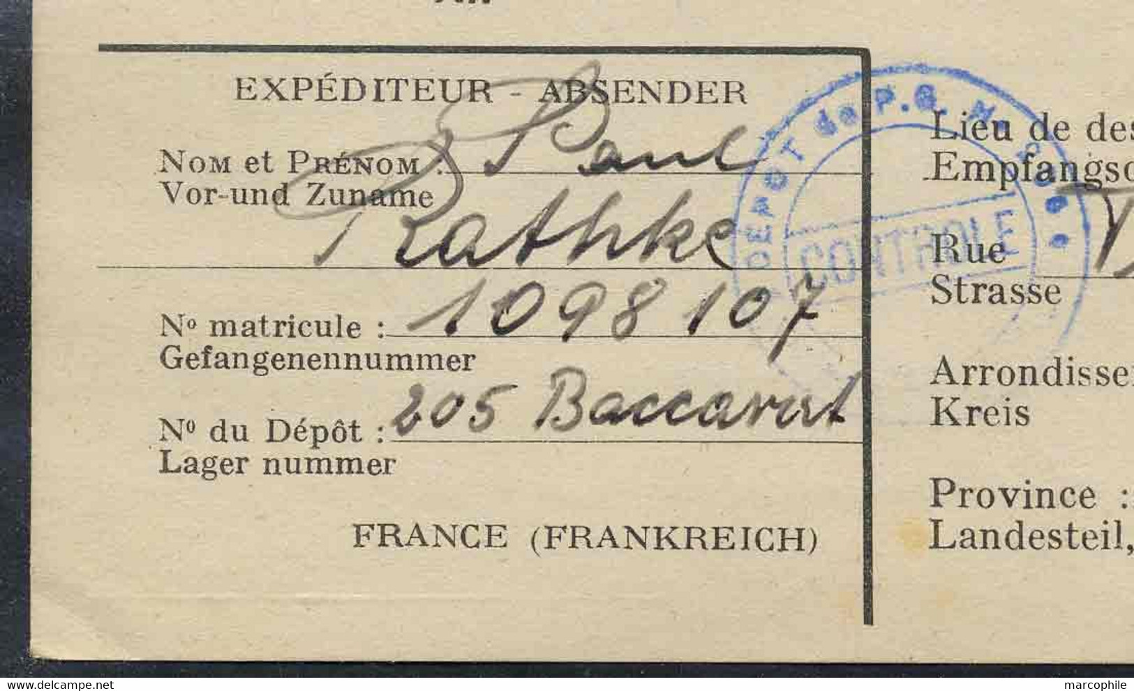 BACCARAT - MEURTHE & MOSELLE / 1947 CAMP D OFFICIERS PRISONNIERS DE GUERRE DE L'AXE / CARTE EN FRANCHISE (ref LE4777) - WW II
