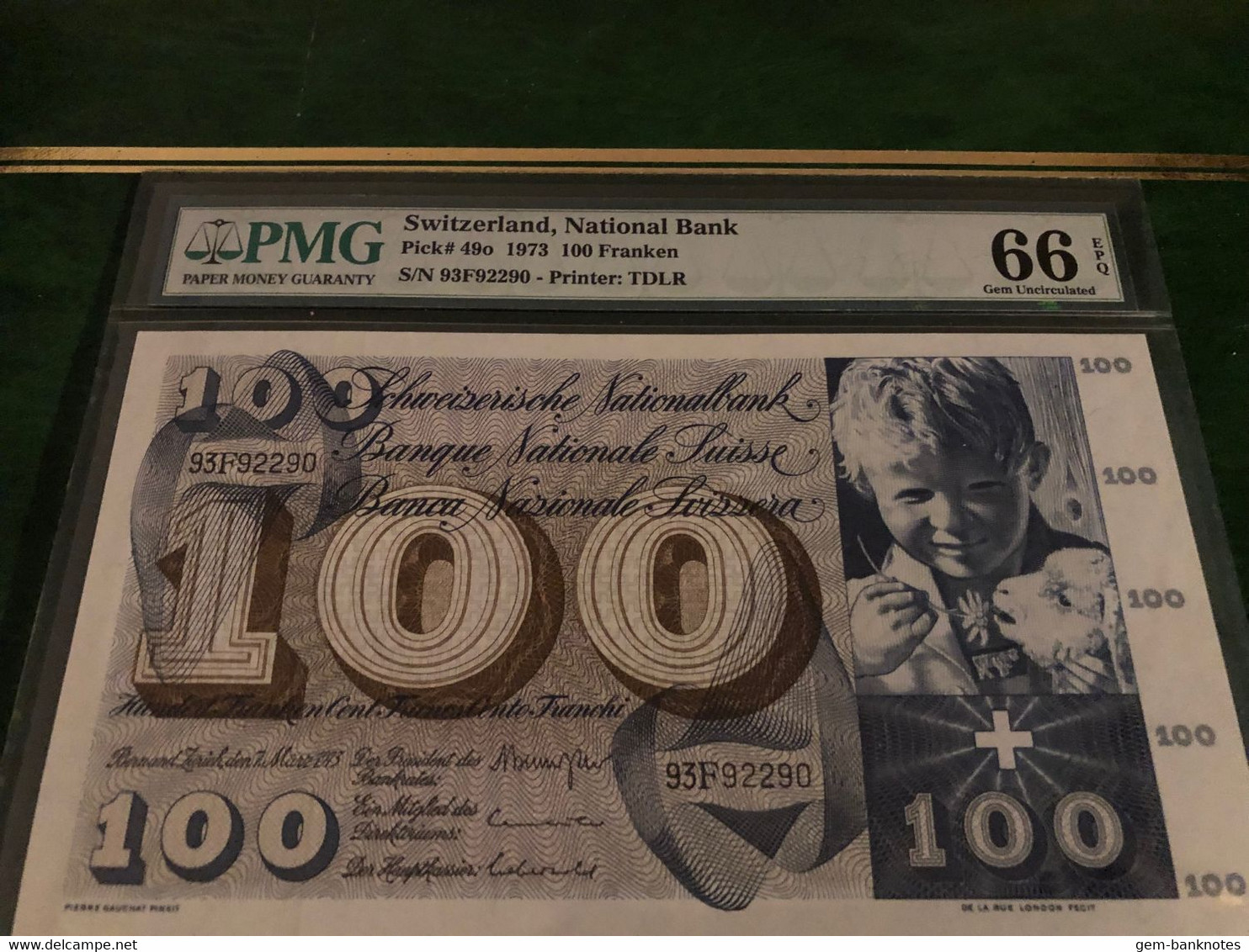 Switzerland 100 Franken 1973 P49o Graded 66 EPQ Gem Uncirculated By PMG - Suisse