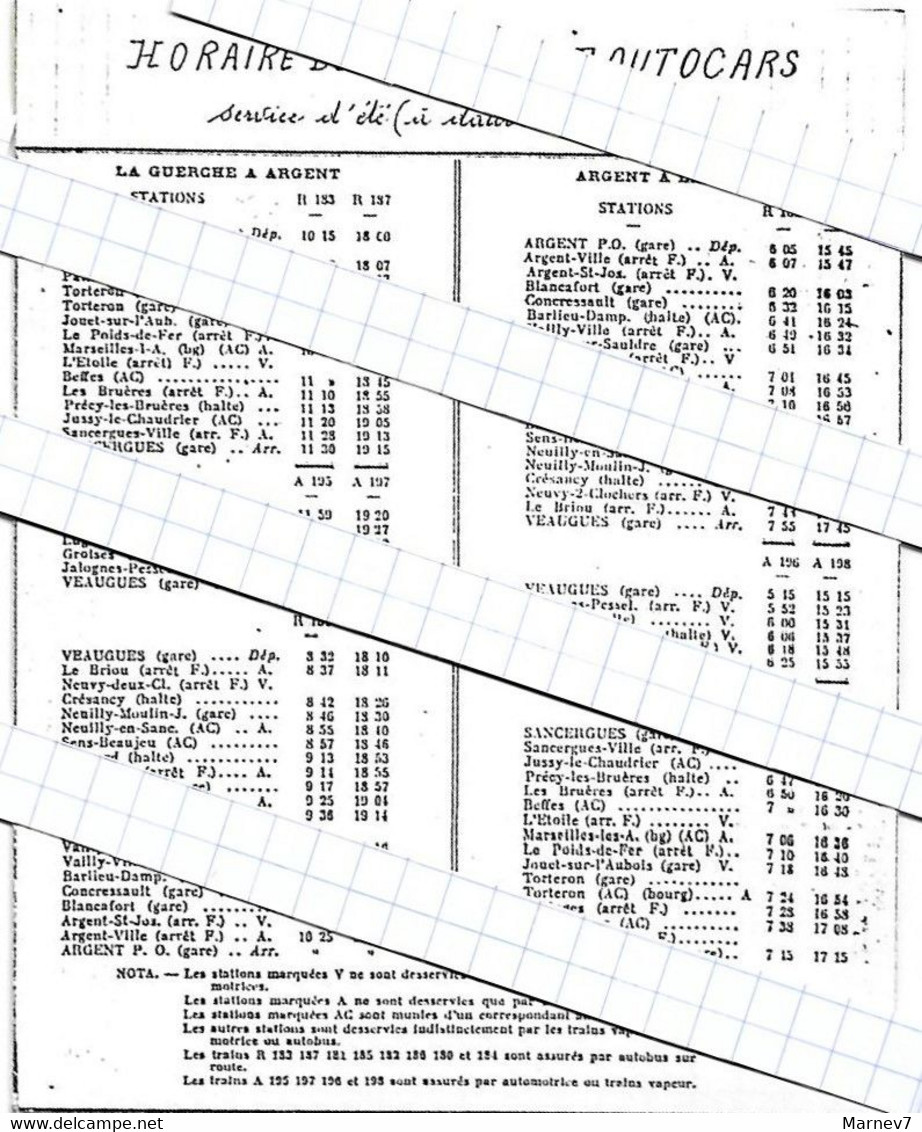 18 Cher - Horaires Trains Chemin Fer économiques Et Autocars - La Guerche Veaugues Argent - Chaix - 1939 - Europe