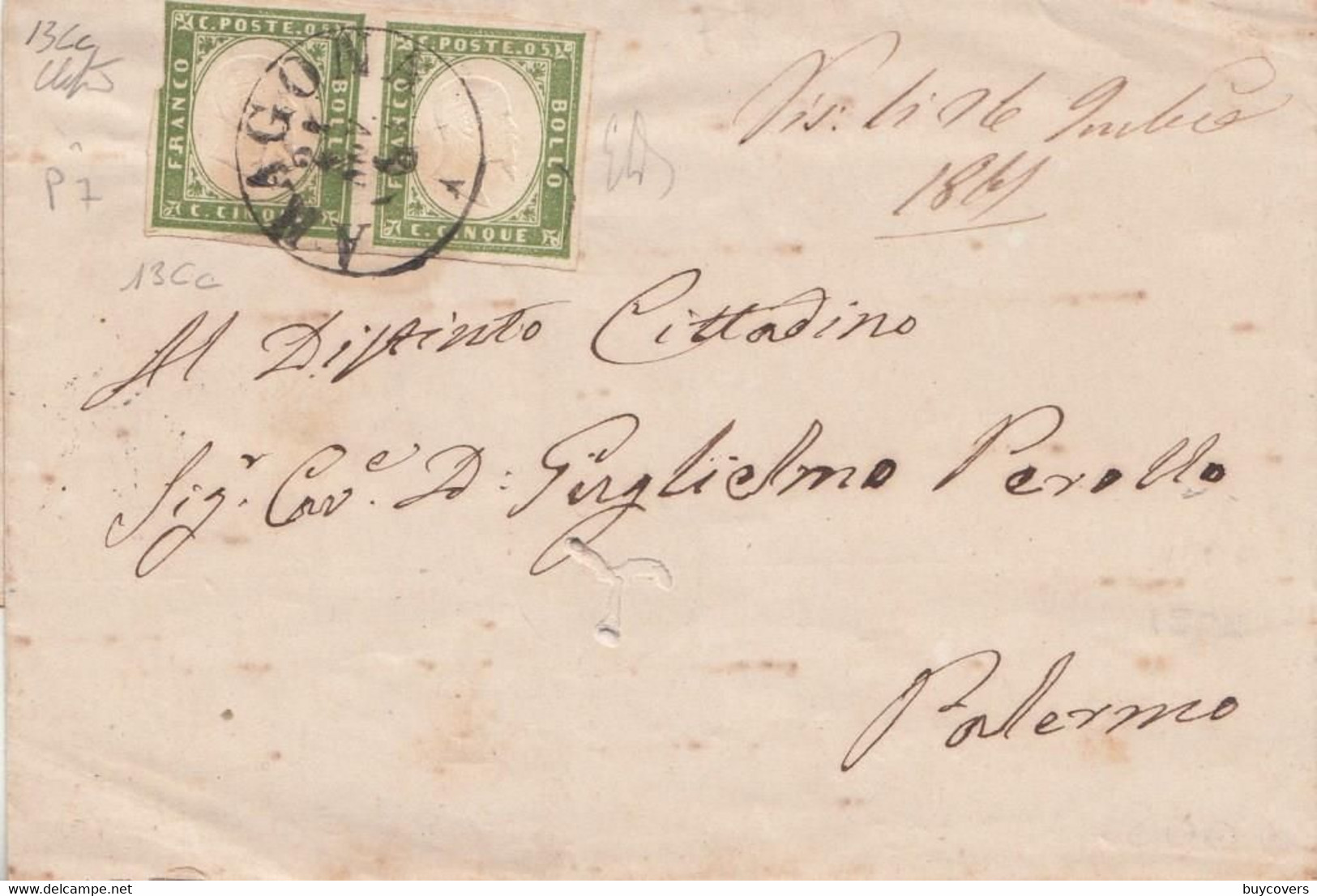 2225 - REGNO - Involucro Del 21 Novembre 1861 Da Aragona A Palermo Con Una Coppia Del Cent 5 Verde Giallastro  . - Marcophilia