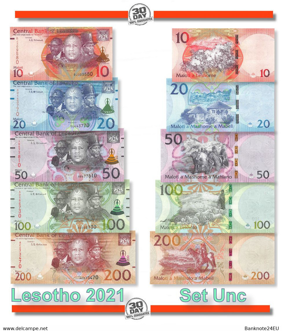 Full Set Lesotho 10-20-50-100-200 Maloti 2022 Unc Pn 21c-22d-23c-24d-25b - Lesotho