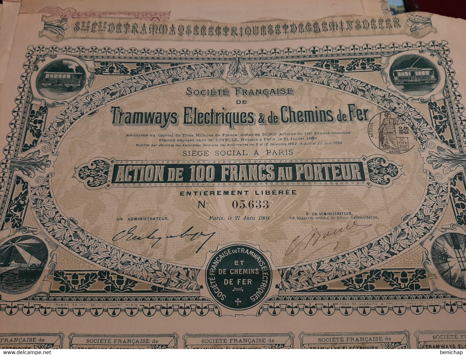 Société Française De Tramways Electriques & De Chemins De Fer - Action De 100 Frs - Paris Juin 1908. - Chemin De Fer & Tramway