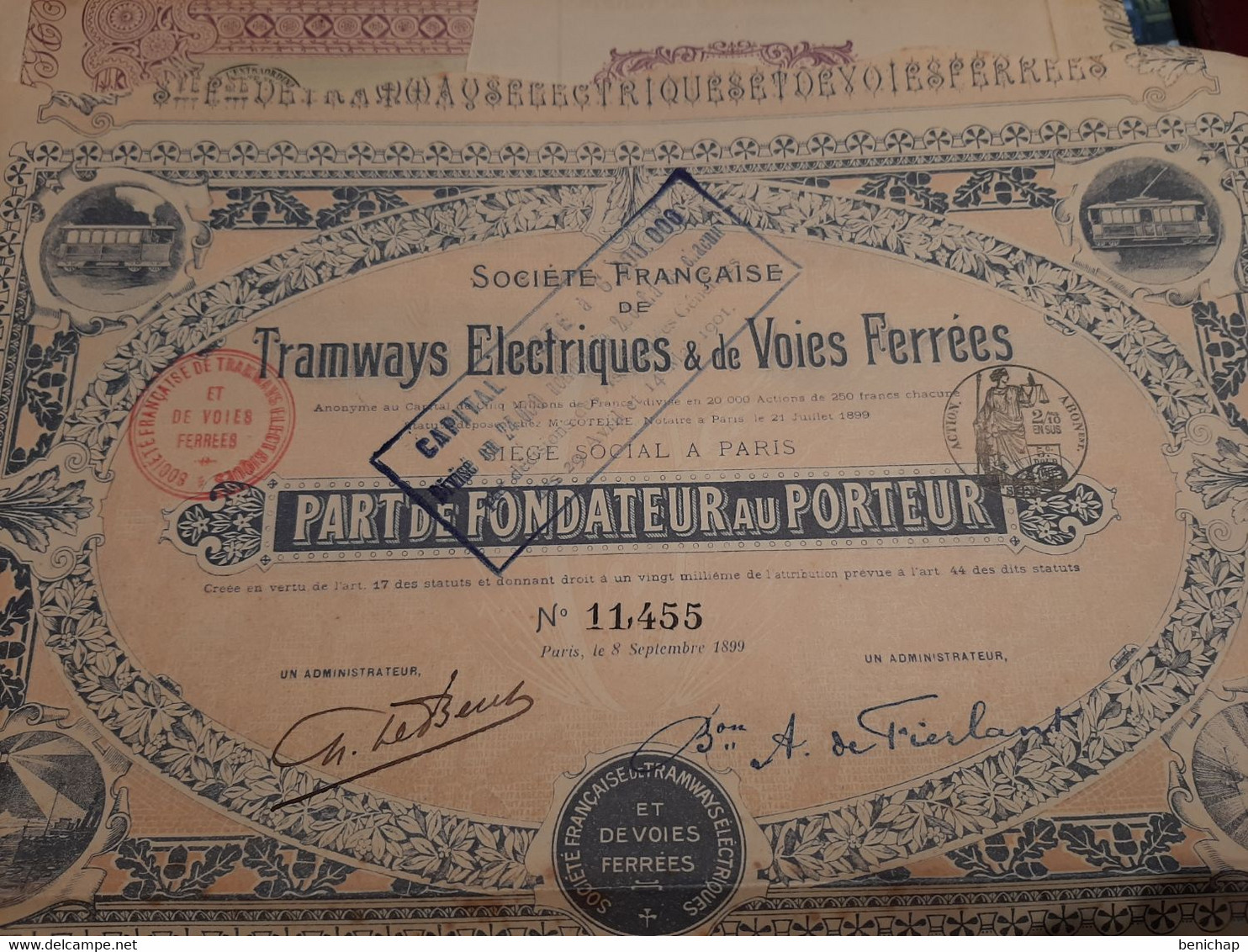 Société Française De Tramways Electriques & De Voies Ferrées - Part De Fondateur Au Porteur - Paris Septembre 1899. - Spoorwegen En Trams