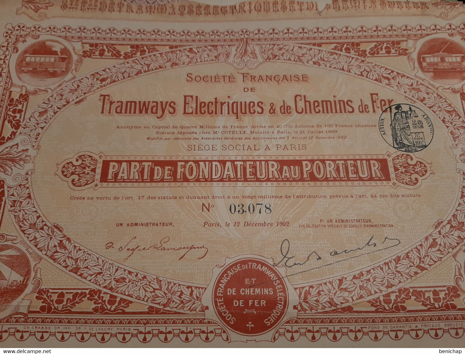 Société Française De Tramways Electriques & De Chemins De Fer - Part De Fondateur Au Porteur - Paris Décembre 1902. - Chemin De Fer & Tramway