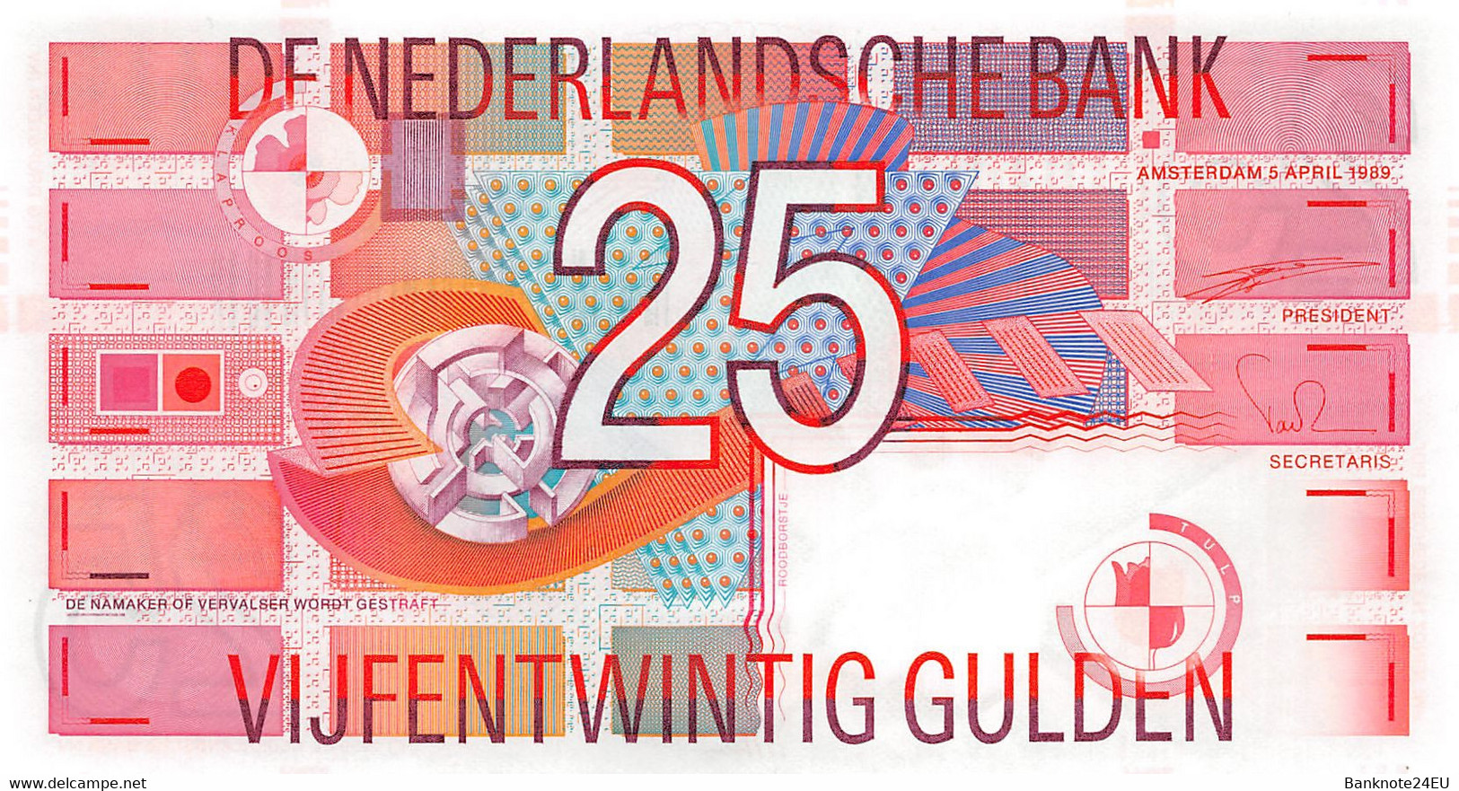 Netherlands 25 Gulden 1989 Unc Pn 100 - 25 Florín Holandés (gulden)