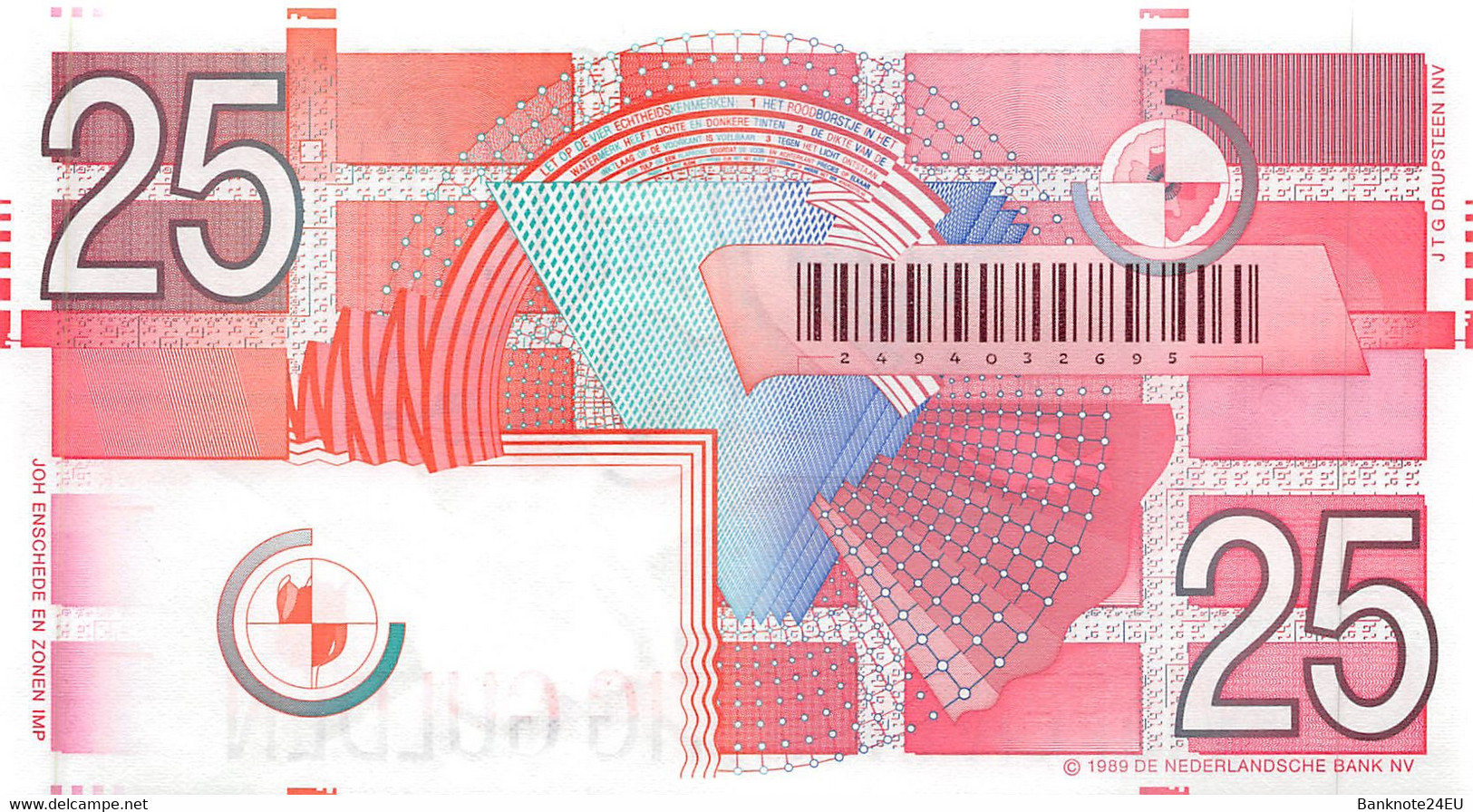 Netherlands 25 Gulden 1989 Unc Pn 100 - 25 Florín Holandés (gulden)