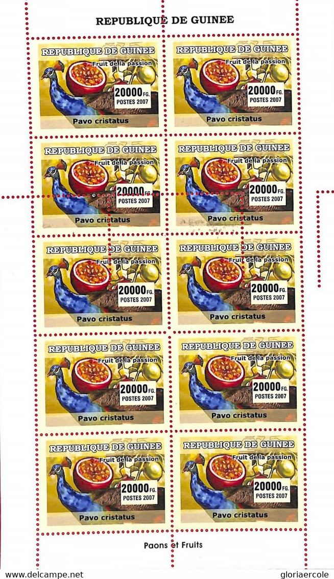 A5006 - GUINEA - ERROR - MISPERF Full Sheet Of 10 Stamps 2007  BIRDS Peacocks - Paons