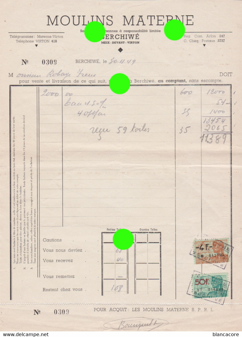 Moulins MATERNE BERCHIWE  MEIX DEVANT VIRTON  1949 - Levensmiddelen