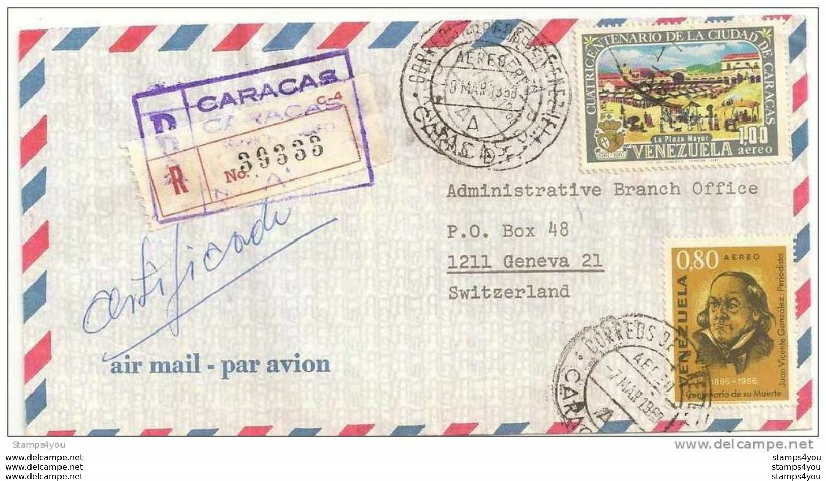 42-32 - Enveloppe Avion Recommandée Envoyée De Caracas En Suisse 1968 - Venezuela