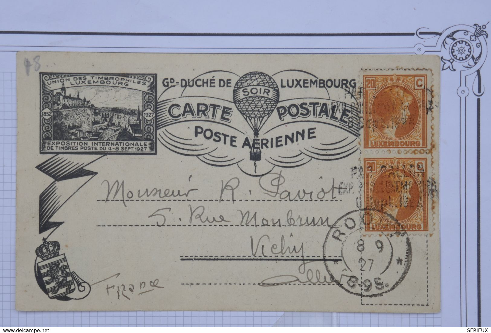 AO 12 LUXEMBOURG BELLE CARTE  1927 ROODT  POUR VICHY ALLIER  FRANCE +PAIRE DE TP +++ AFFRANCHISSEMENT PLAISANT - Covers & Documents