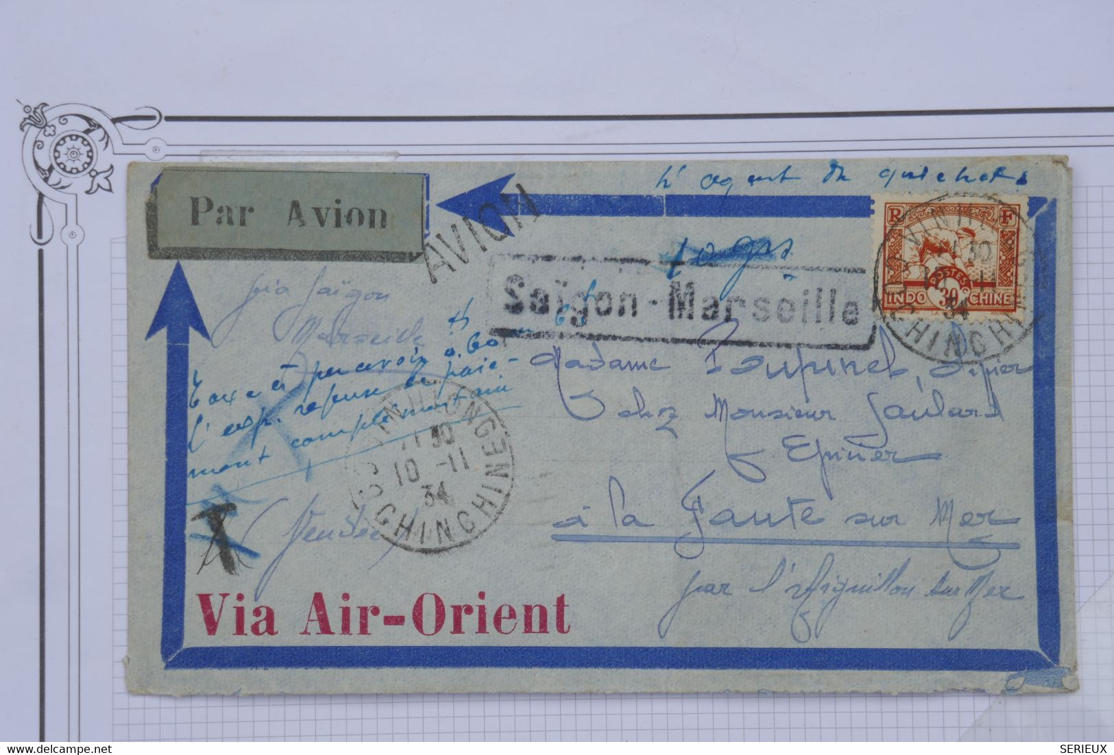AO12 INDOCHINE  BELLE LETTRE CURIOSITE + MOT DE L AGENT 1934 COCHINCHINE POUR LA FAUTE S. MER  FRANCE ++ AFFRA. PLAISANT - Aéreo