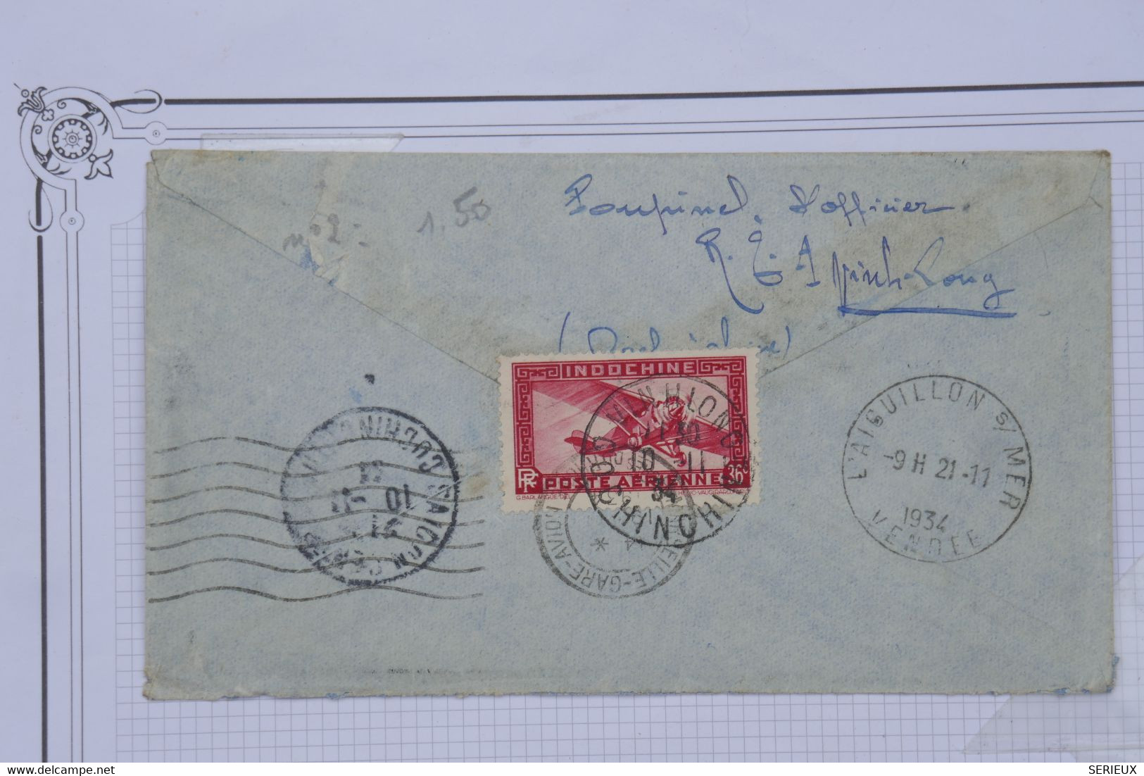 AO12 INDOCHINE  BELLE LETTRE CURIOSITE + MOT DE L AGENT 1934 COCHINCHINE POUR LA FAUTE S. MER  FRANCE ++ AFFRA. PLAISANT - Poste Aérienne